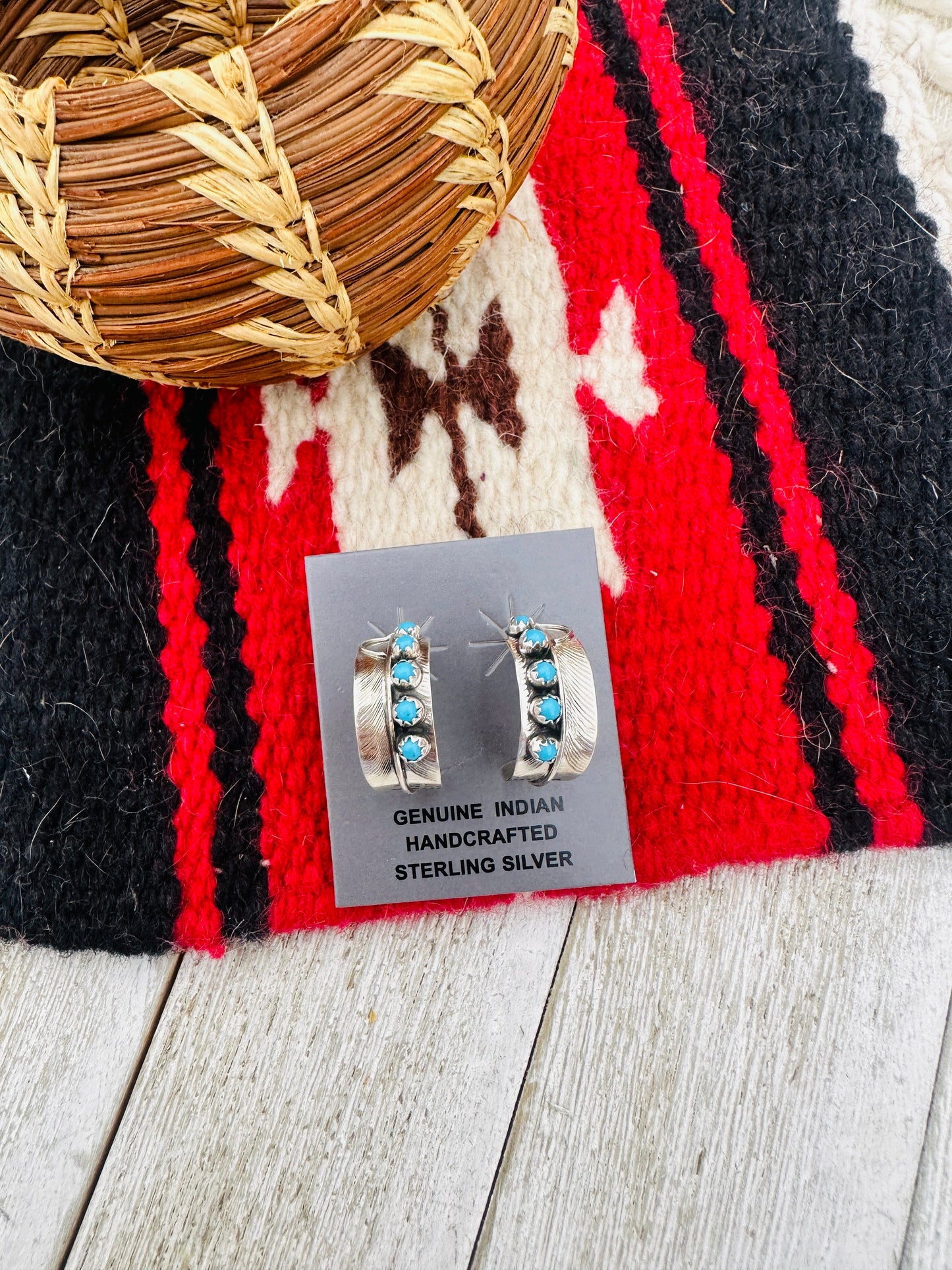 Handcrafted Turquoise & Sterling Silver Feather Hoop Earrings