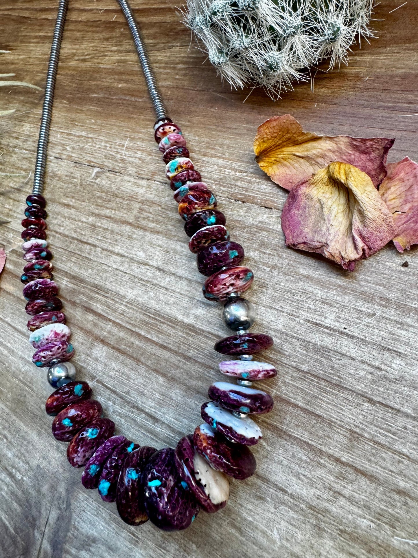 22 Inch graduated necklace more purple spiny, turquoise and sterling silver pearls