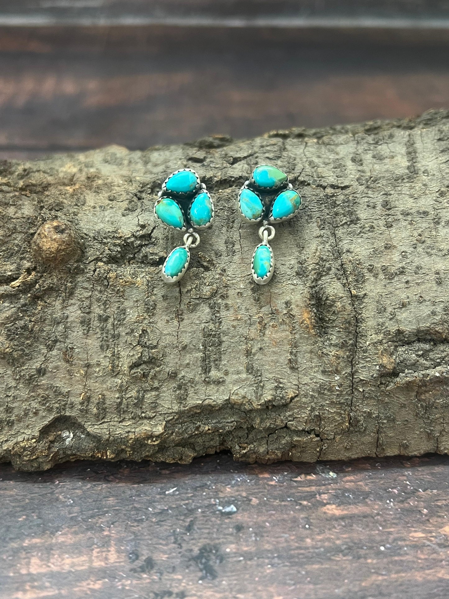 Handmade Sterling Silver Kingman Turquoise Post Dangle Earrings with Signed Nizhoni (4)