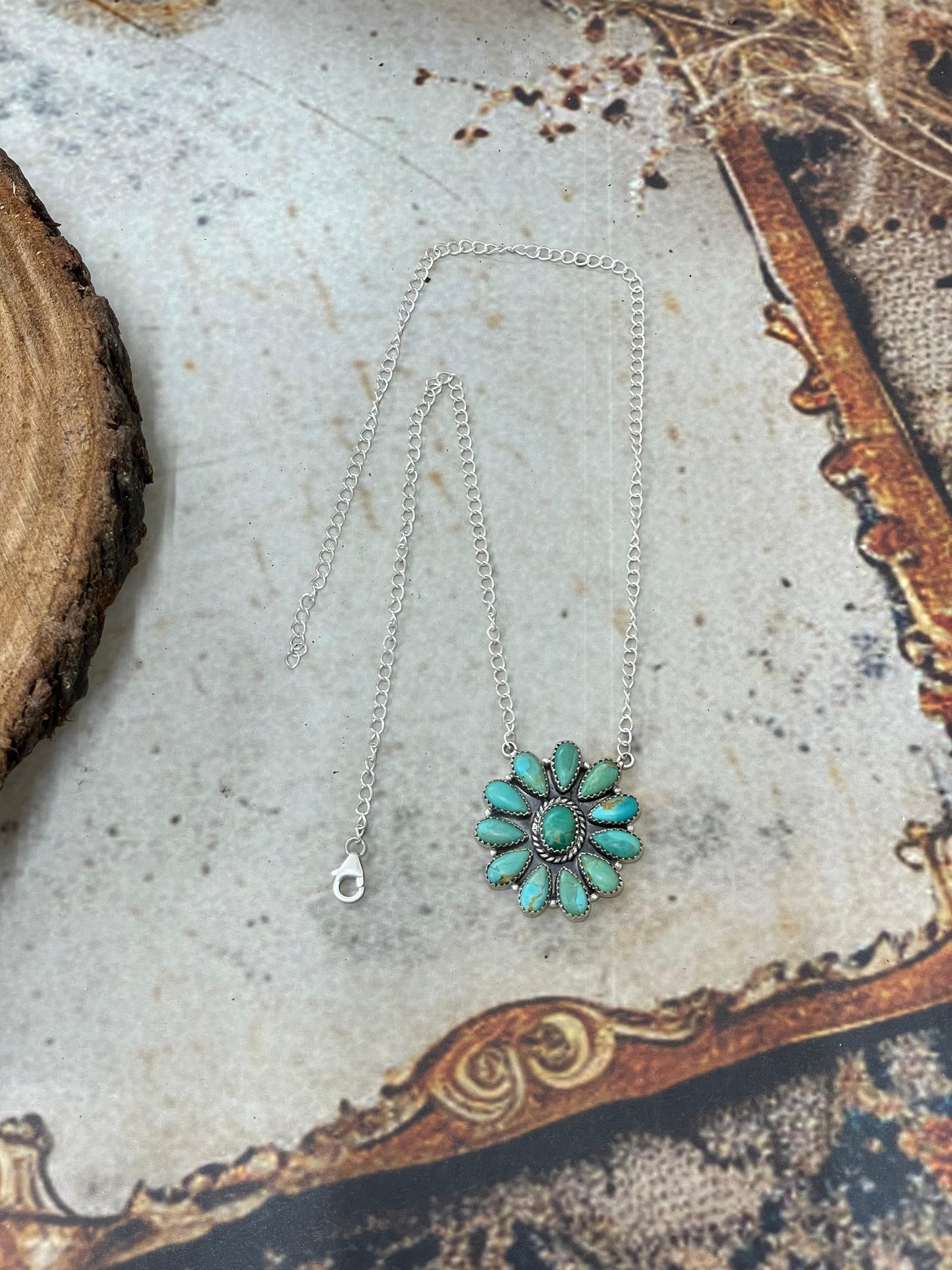 Handmade Sterling Silver Kingman Turquoise Necklace with Signed Nizhoni