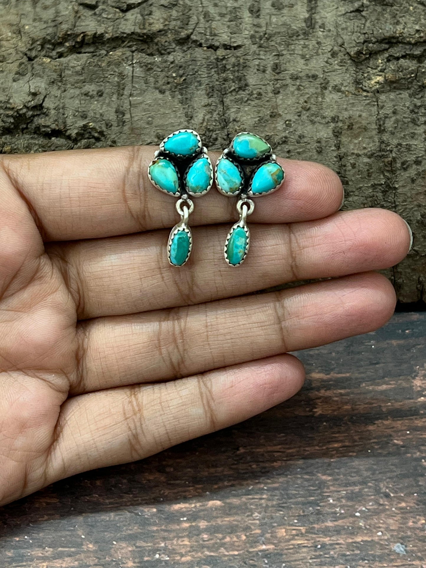 Handmade Sterling Silver Kingman Turquoise Post Dangle Earrings with Signed Nizhoni (4)