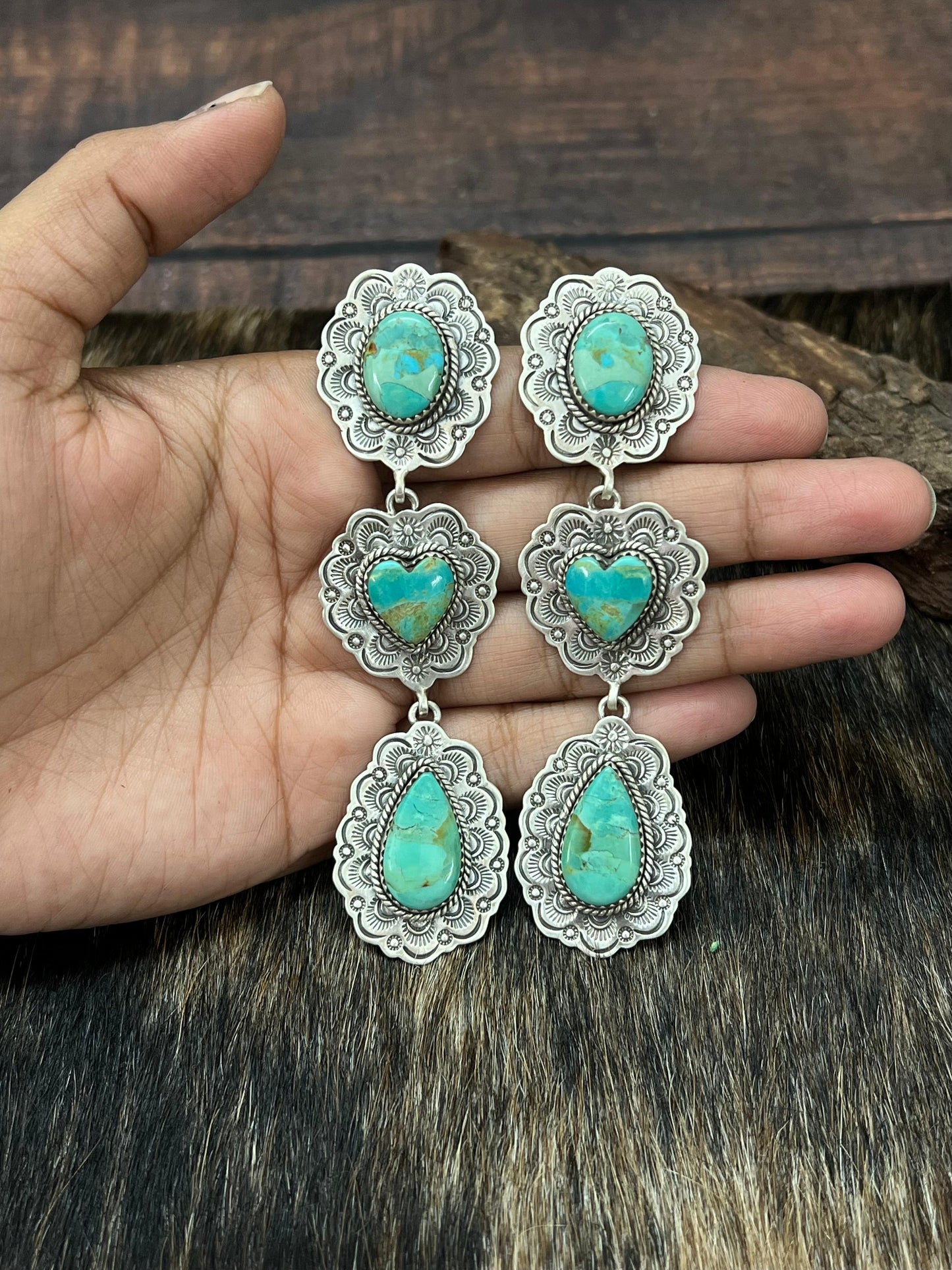 Handmade Sterling Silver Kingman Turquoise Heart Post Dangle Earrings with Signed Nizhoni