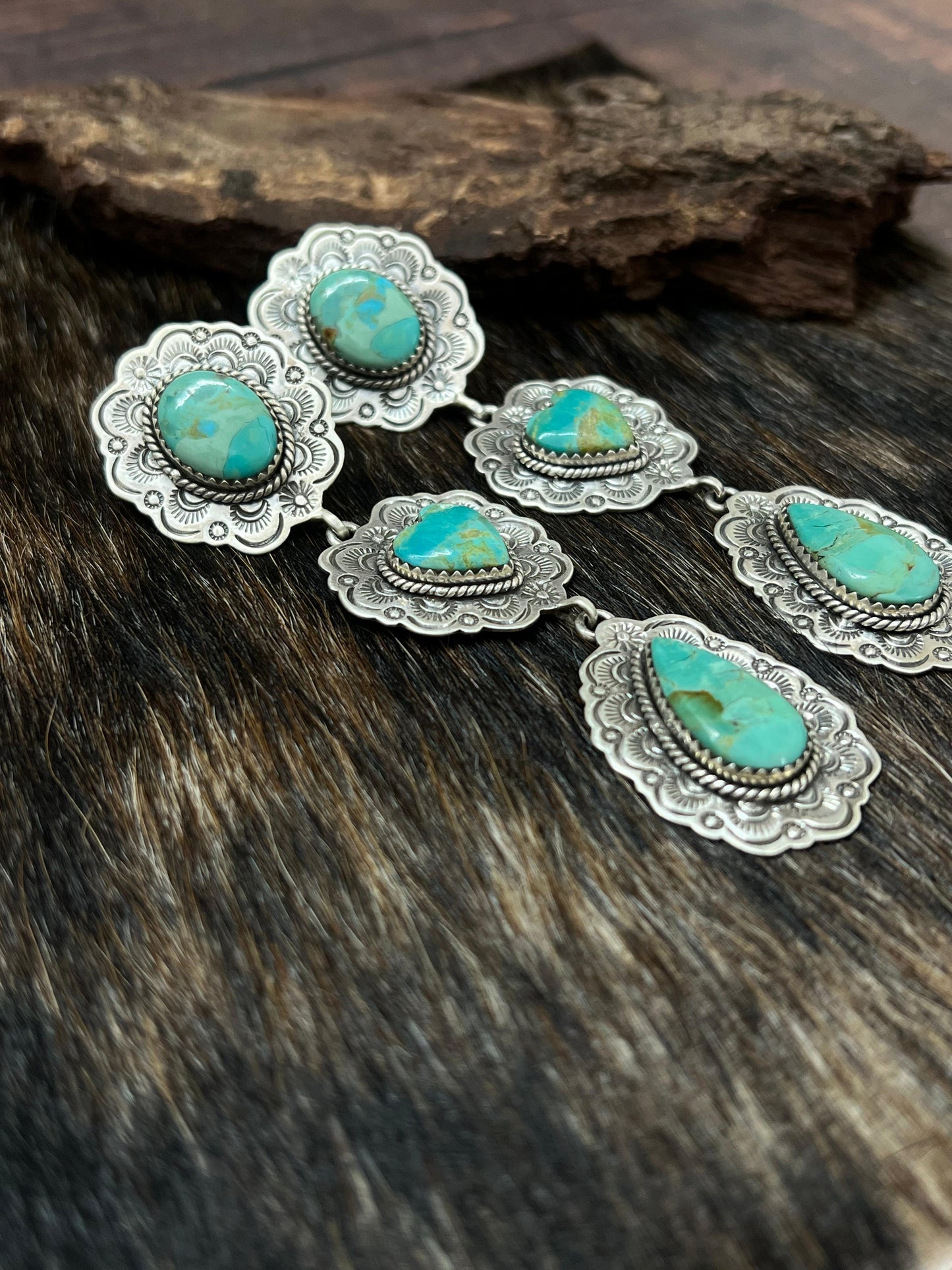 Handmade Sterling Silver Kingman Turquoise Heart Post Dangle Earrings with Signed Nizhoni