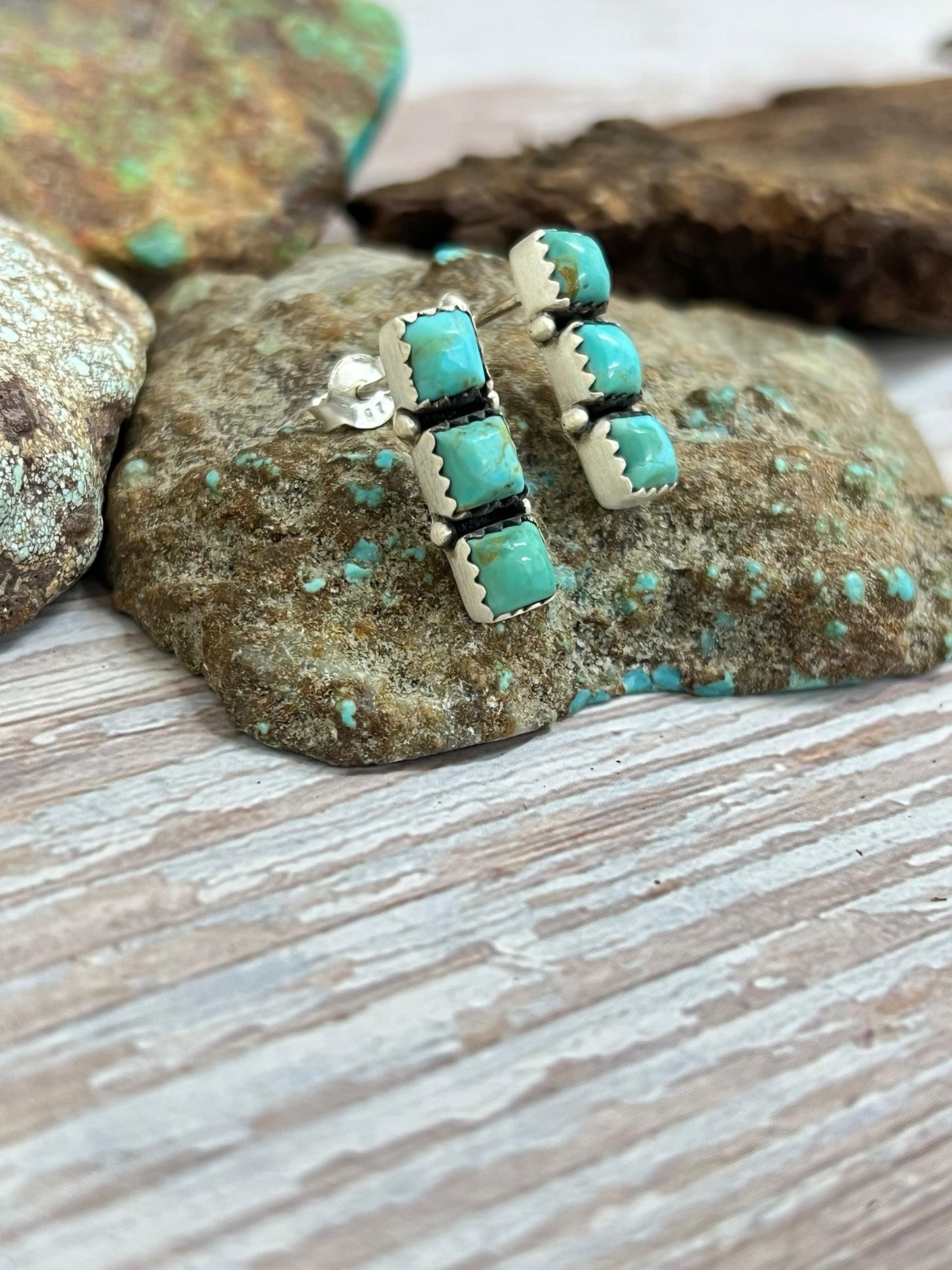 Handmade Sterling Silver Kingman Turquoise Post Studs with Signed Nizhoni