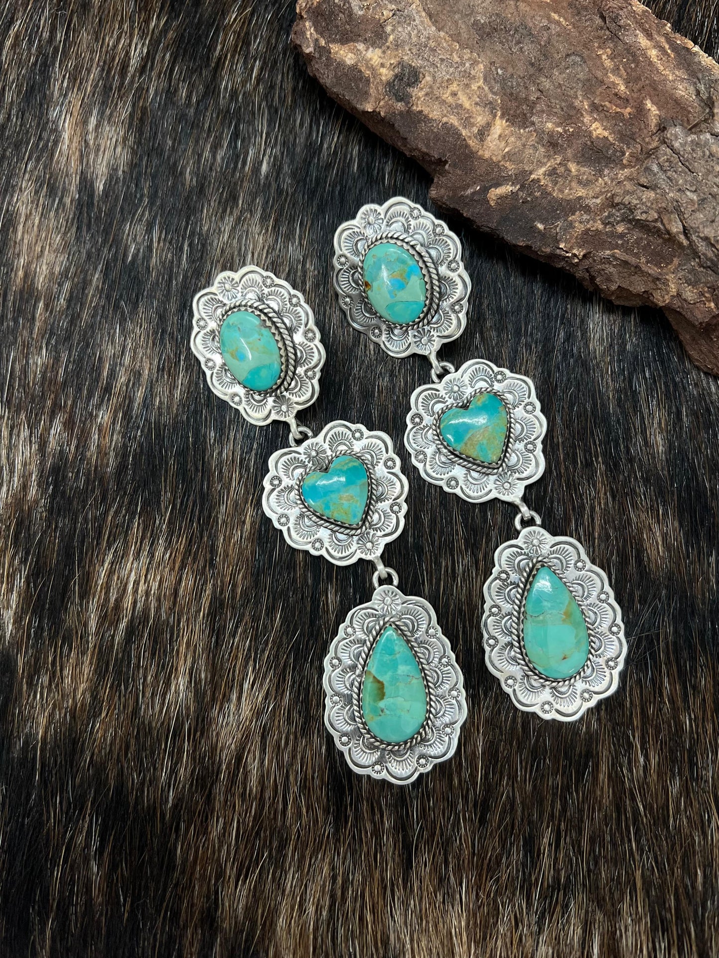 Handmade Sterling Silver Kingman Turquoise Heart Post Dangle Earrings with Signed Nizhoni