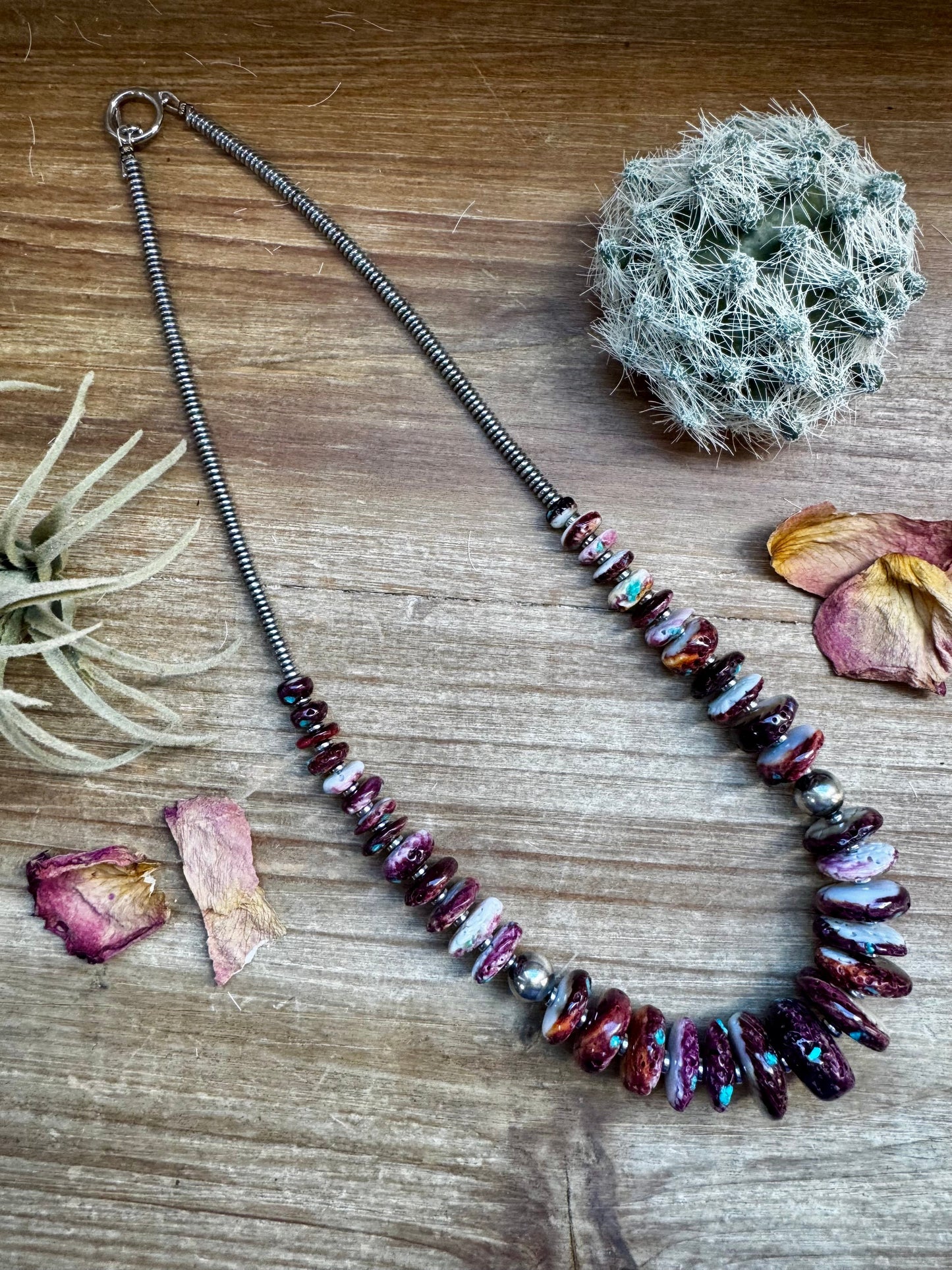 22 Inch graduated necklace more purple spiny, turquoise and sterling silver pearls