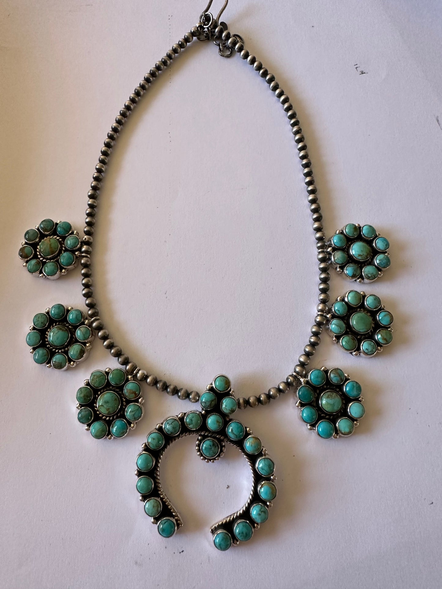 Turquoise Bombshell Handmade Sterling Silver & Turquoise Squash Blossom Necklace Signed Nizhoni