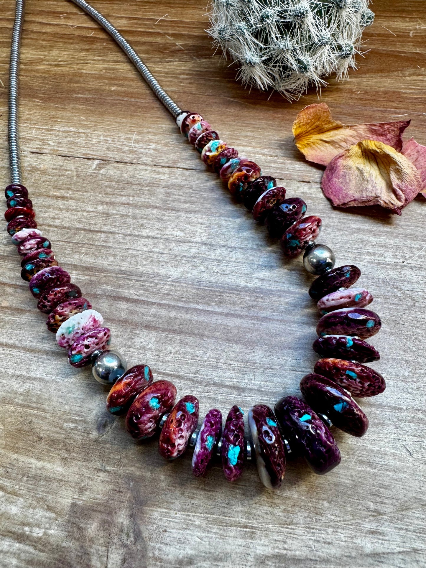 22 Inch graduated necklace more purple spiny, turquoise and sterling silver pearls