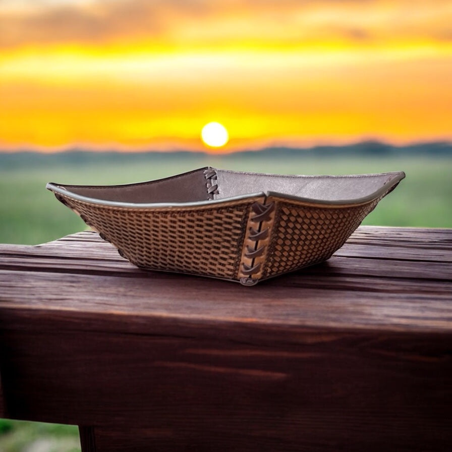 Basketweave tooled leather bowl
