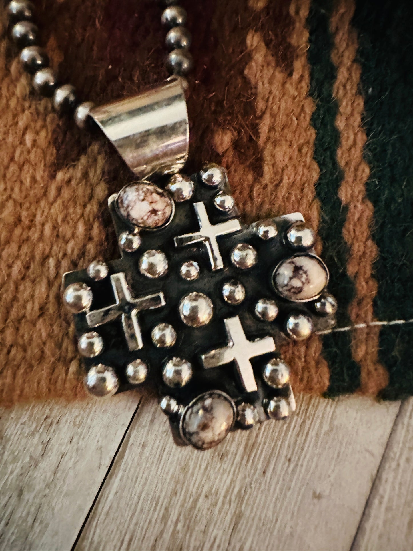 Navajo Wild Horse & Sterling Silver Cross Pendant by Chimney Butte