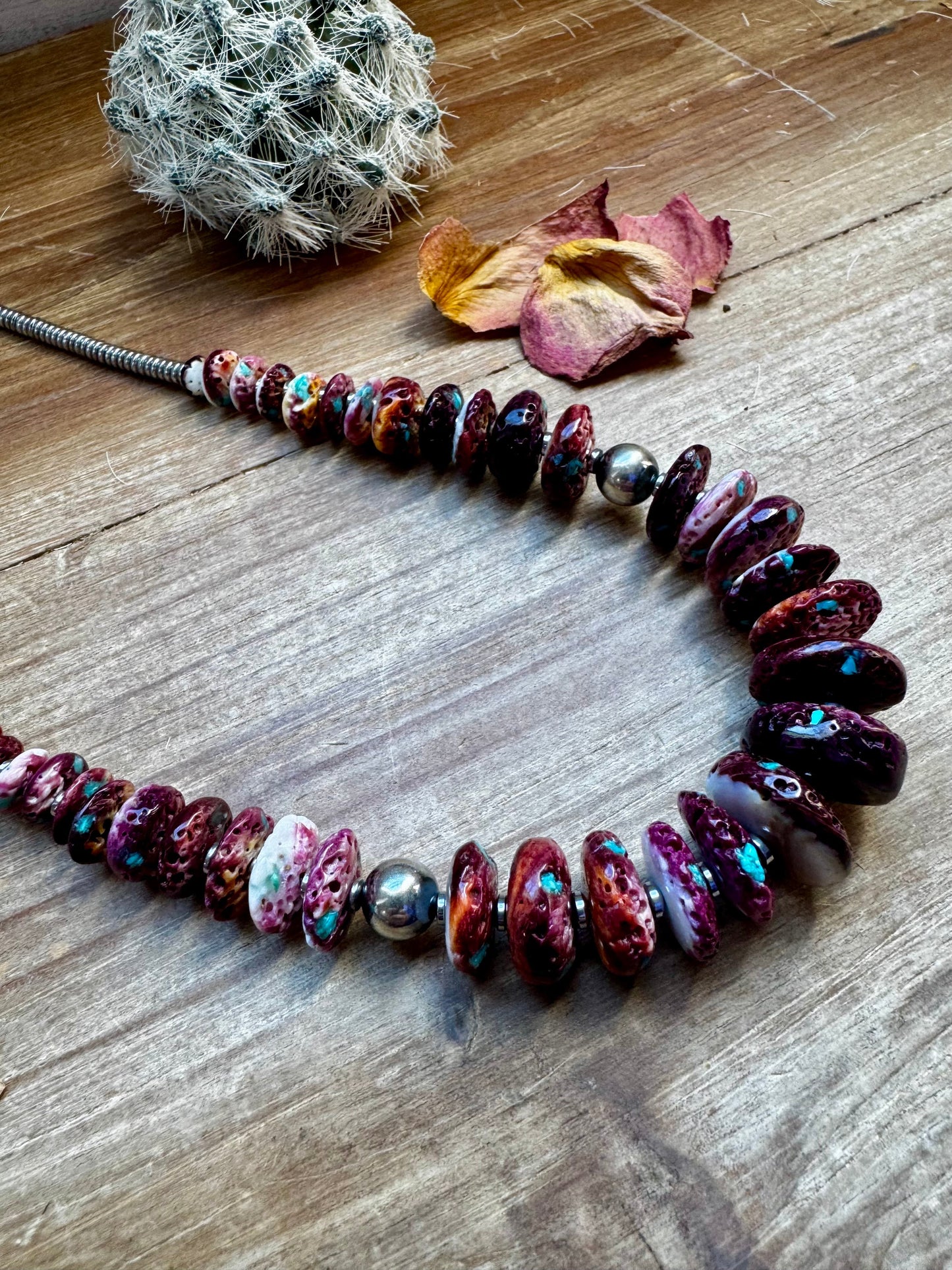 22 Inch graduated necklace more purple spiny, turquoise and sterling silver pearls