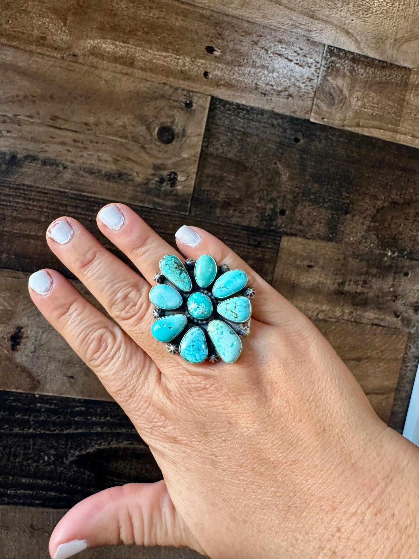 Big flower ring- size 7 1/2- Royston turquoise ring and sterling silver