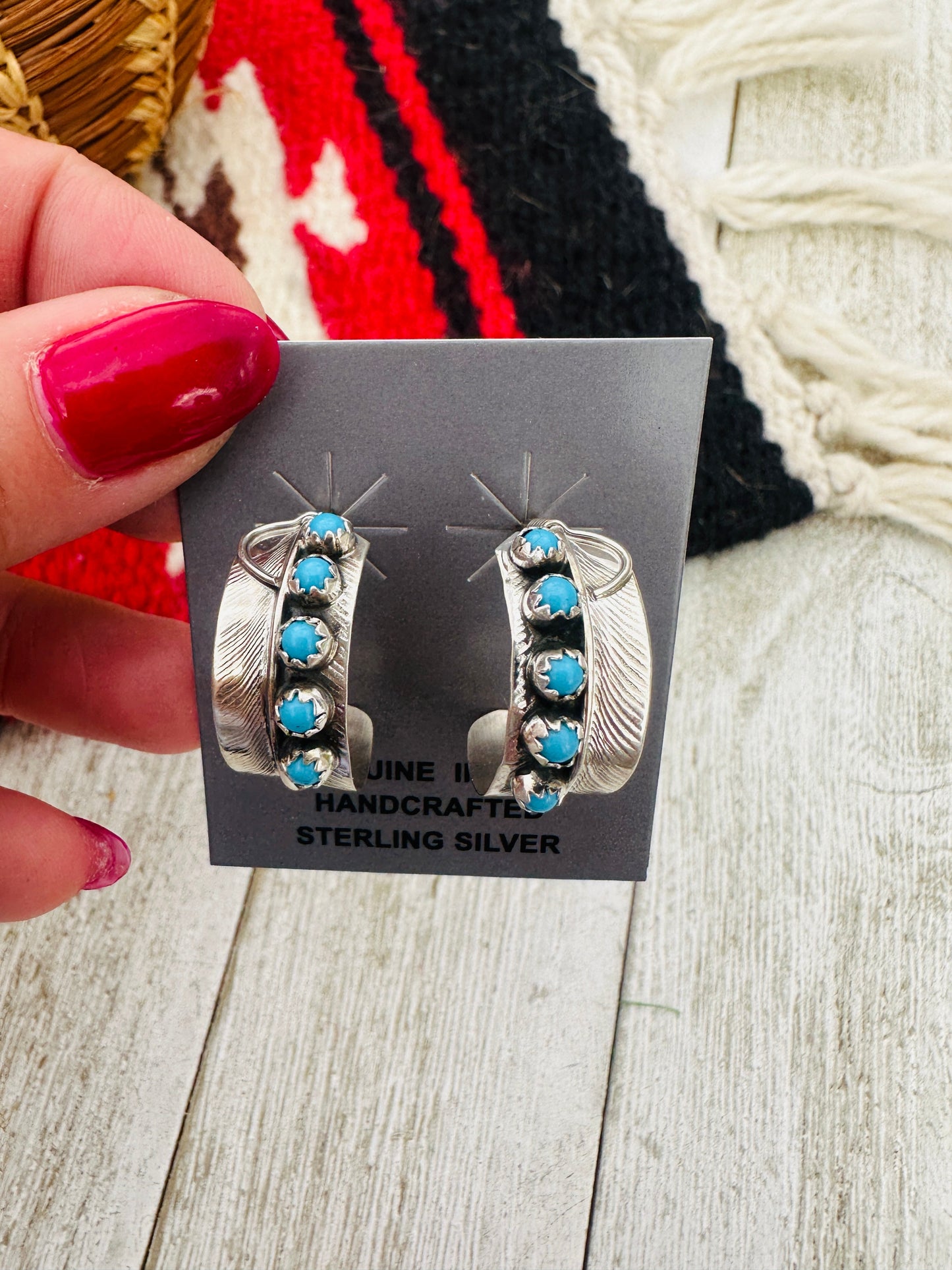 Handcrafted Turquoise & Sterling Silver Feather Hoop Earrings