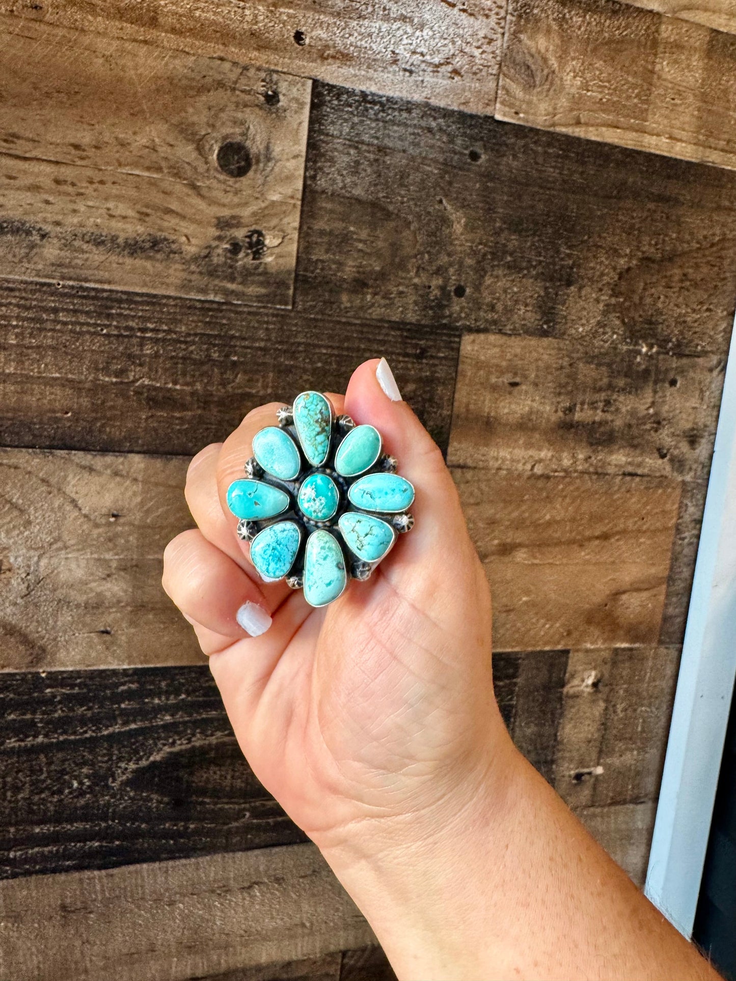 Big flower ring- size 7 1/2- Royston turquoise ring and sterling silver