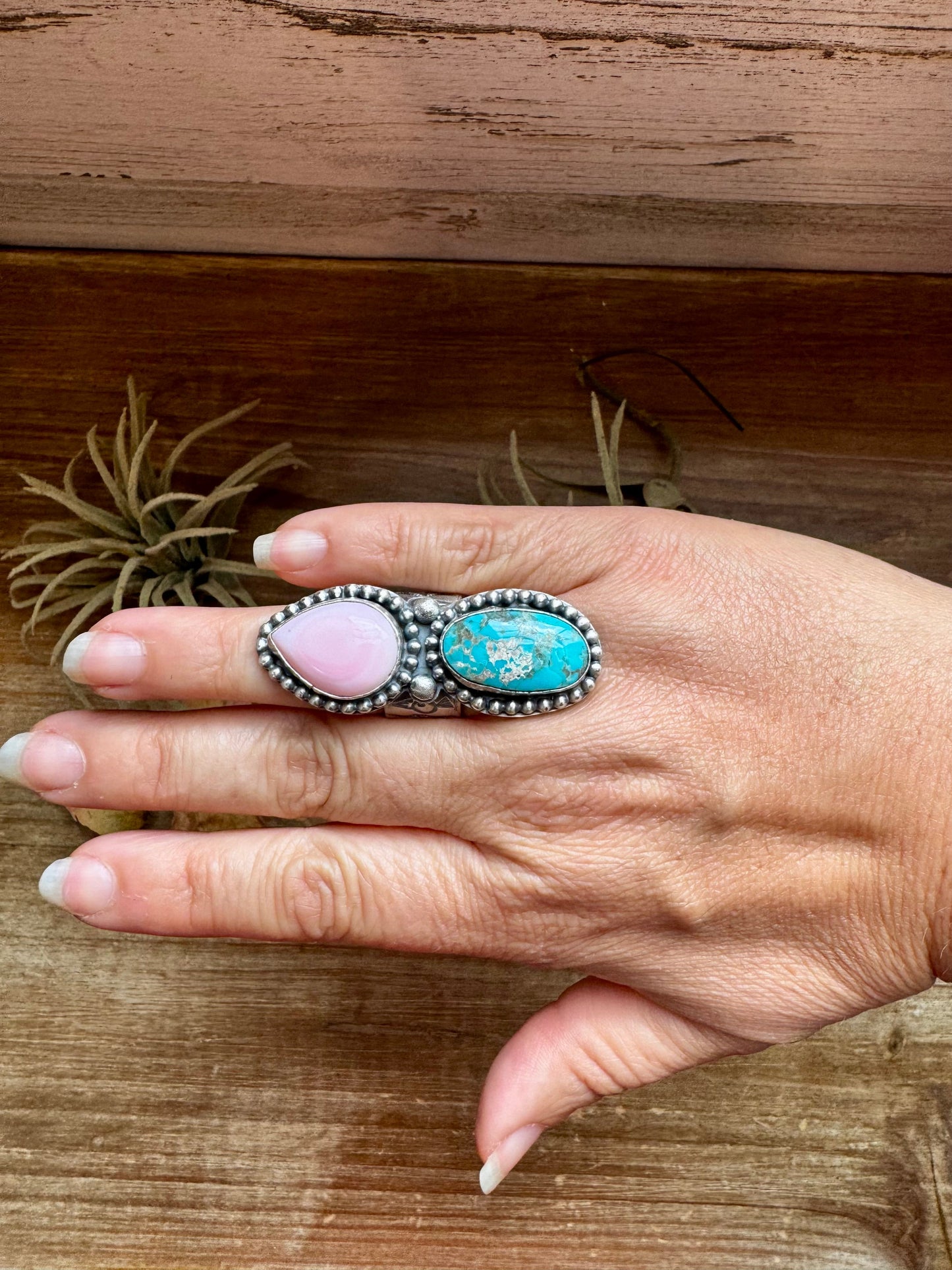 2 Stones Pink Conch & Turquoise Statement Ring – Harold Joe, Sterling Silver, Size 8.5