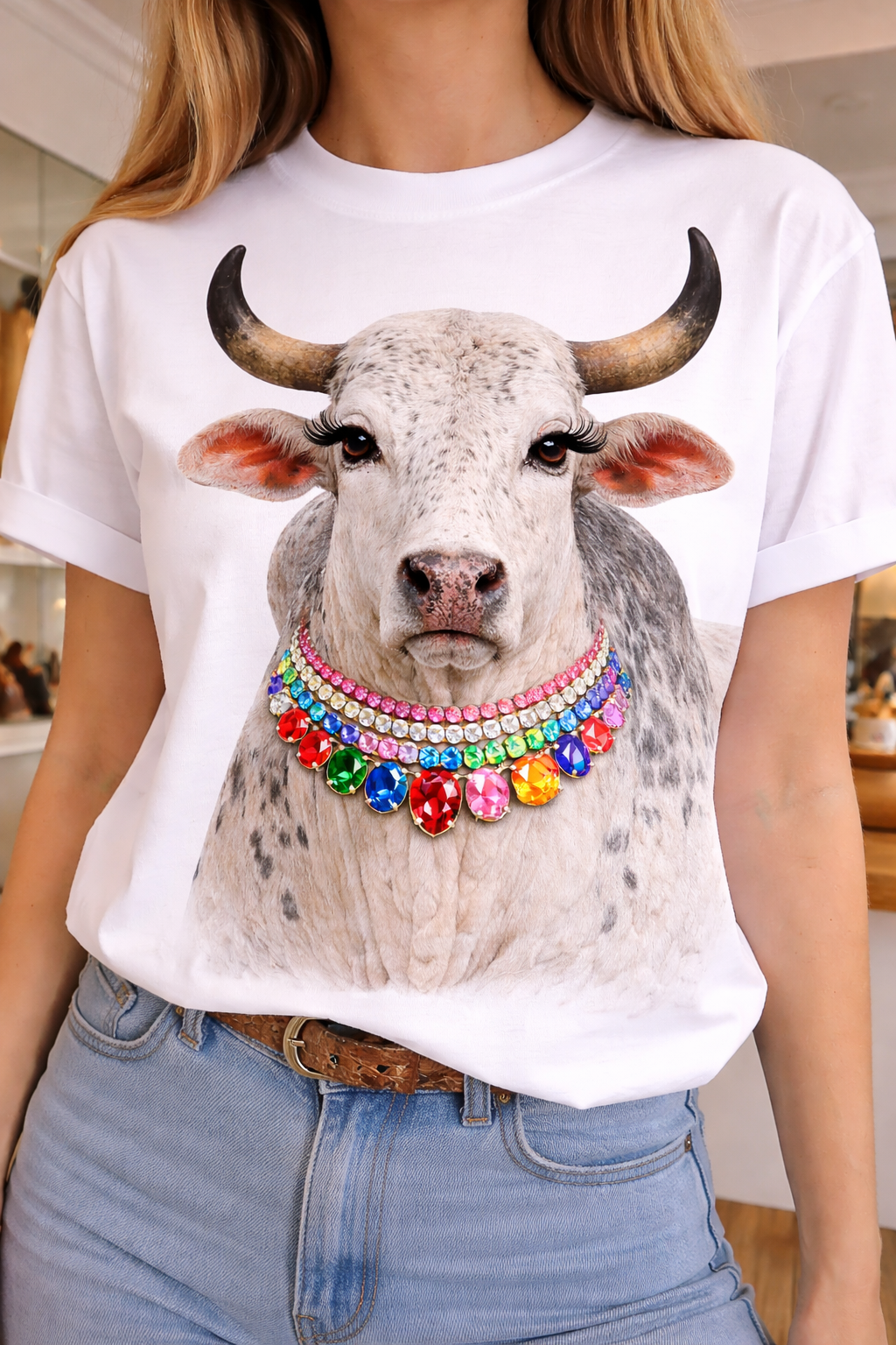 Jeweled Collar Brama Bull on White Crew: Yes All Blinged Out