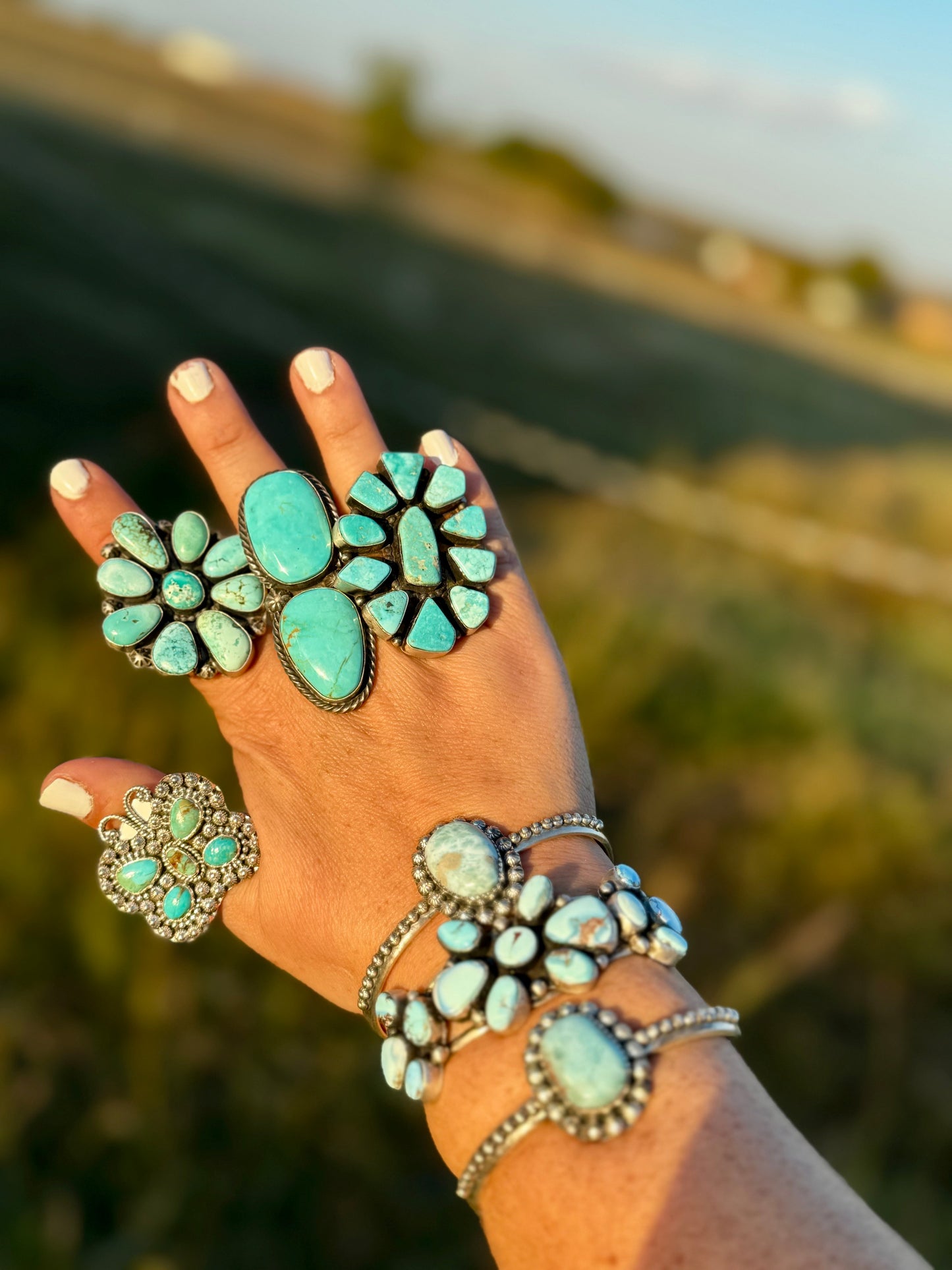 Big flower ring- size 7 1/2- Royston turquoise ring and sterling silver