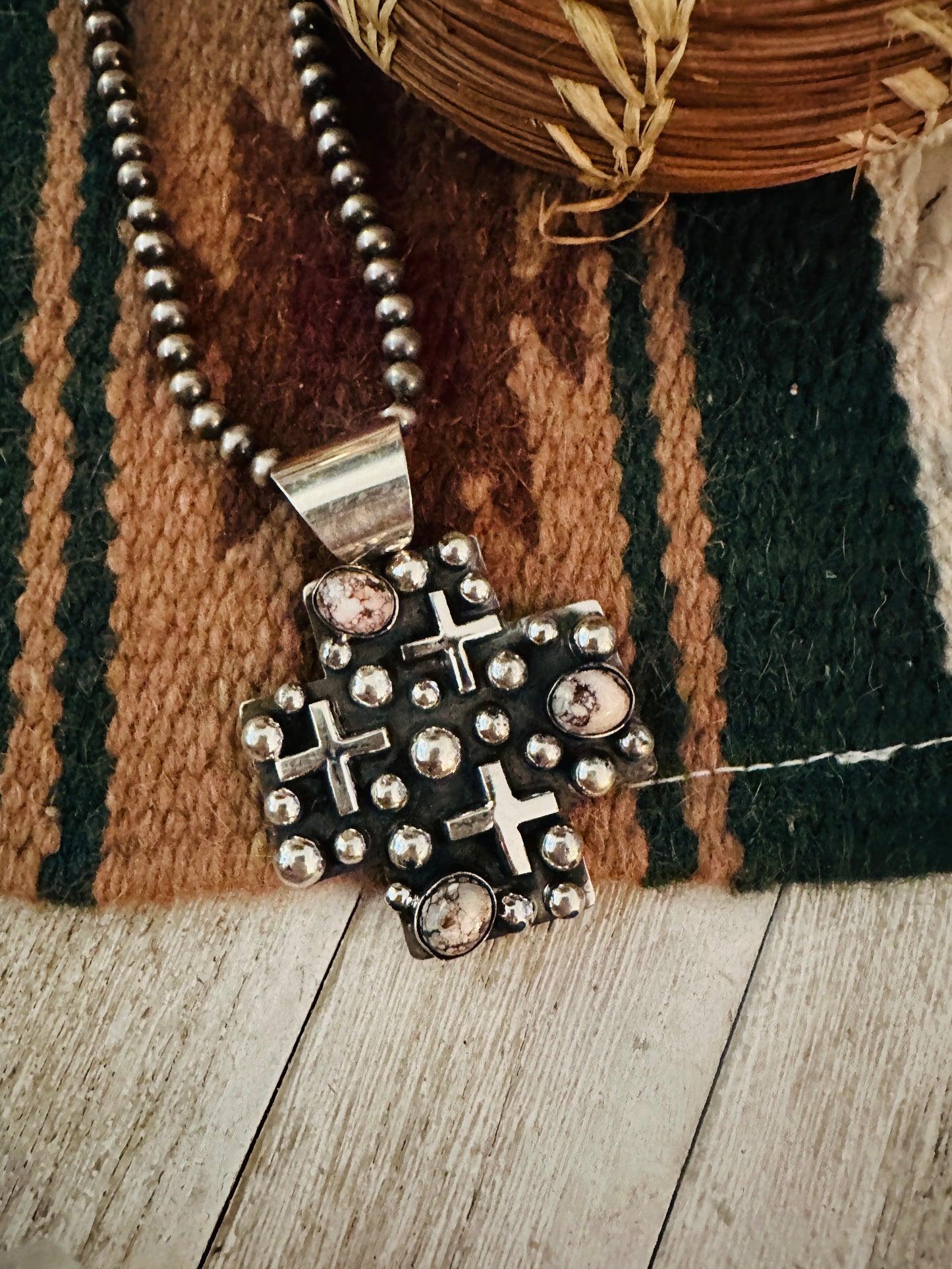 Navajo Wild Horse & Sterling Silver Cross Pendant by Chimney Butte