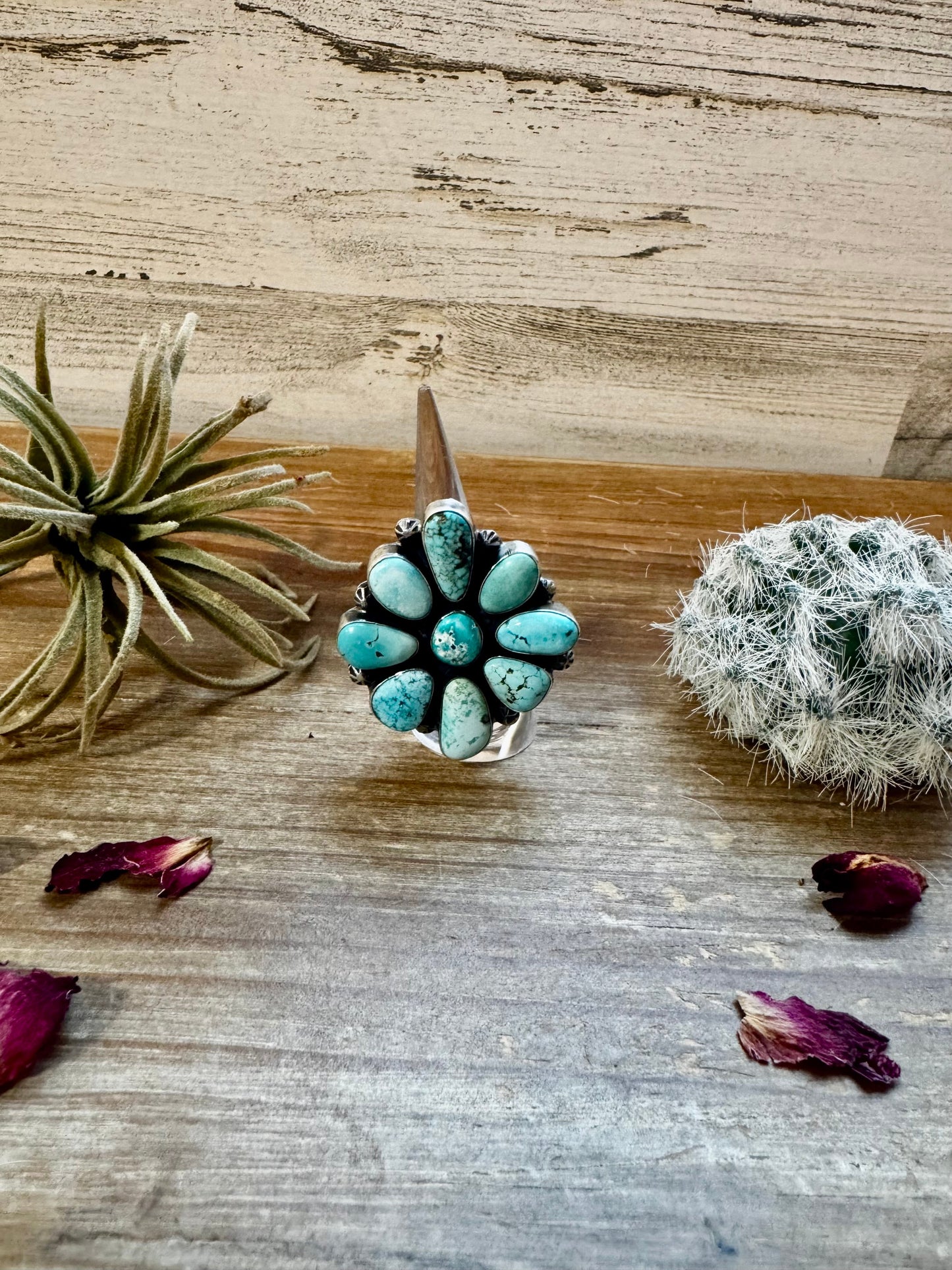 Big flower ring- size 7 1/2- Royston turquoise ring and sterling silver