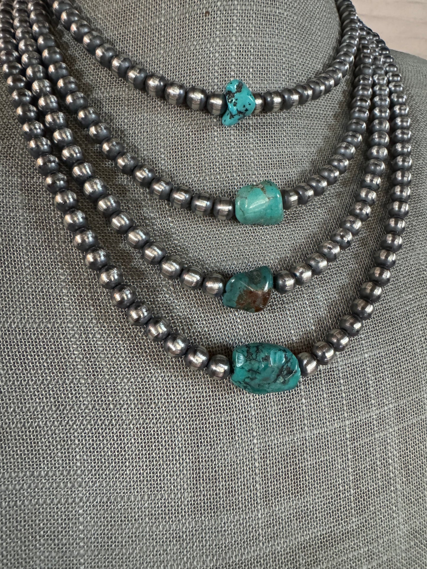 Handcrafted Kingman Turquoise & Sterling Silver 6mm Beaded Necklace