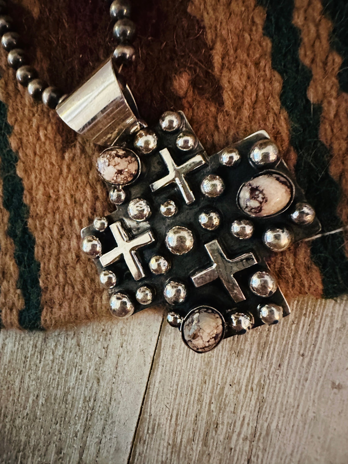 Navajo Wild Horse & Sterling Silver Cross Pendant by Chimney Butte