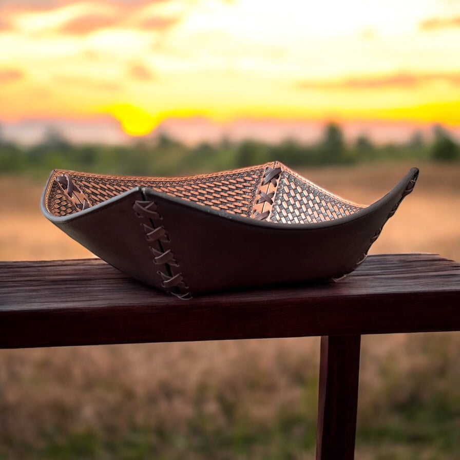 Basketweave tooled leather bowl