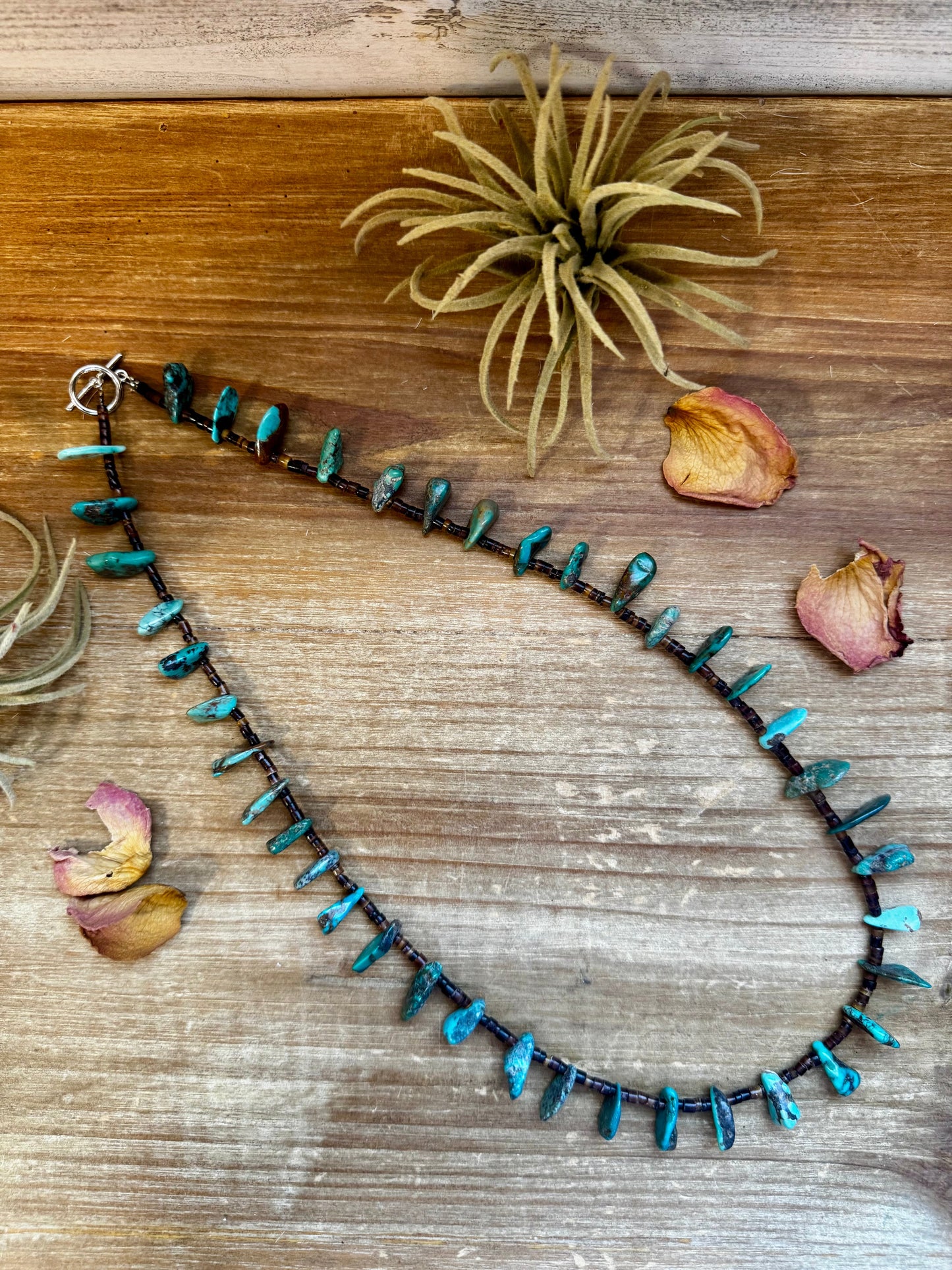 24 inch long shell and turquoise necklace