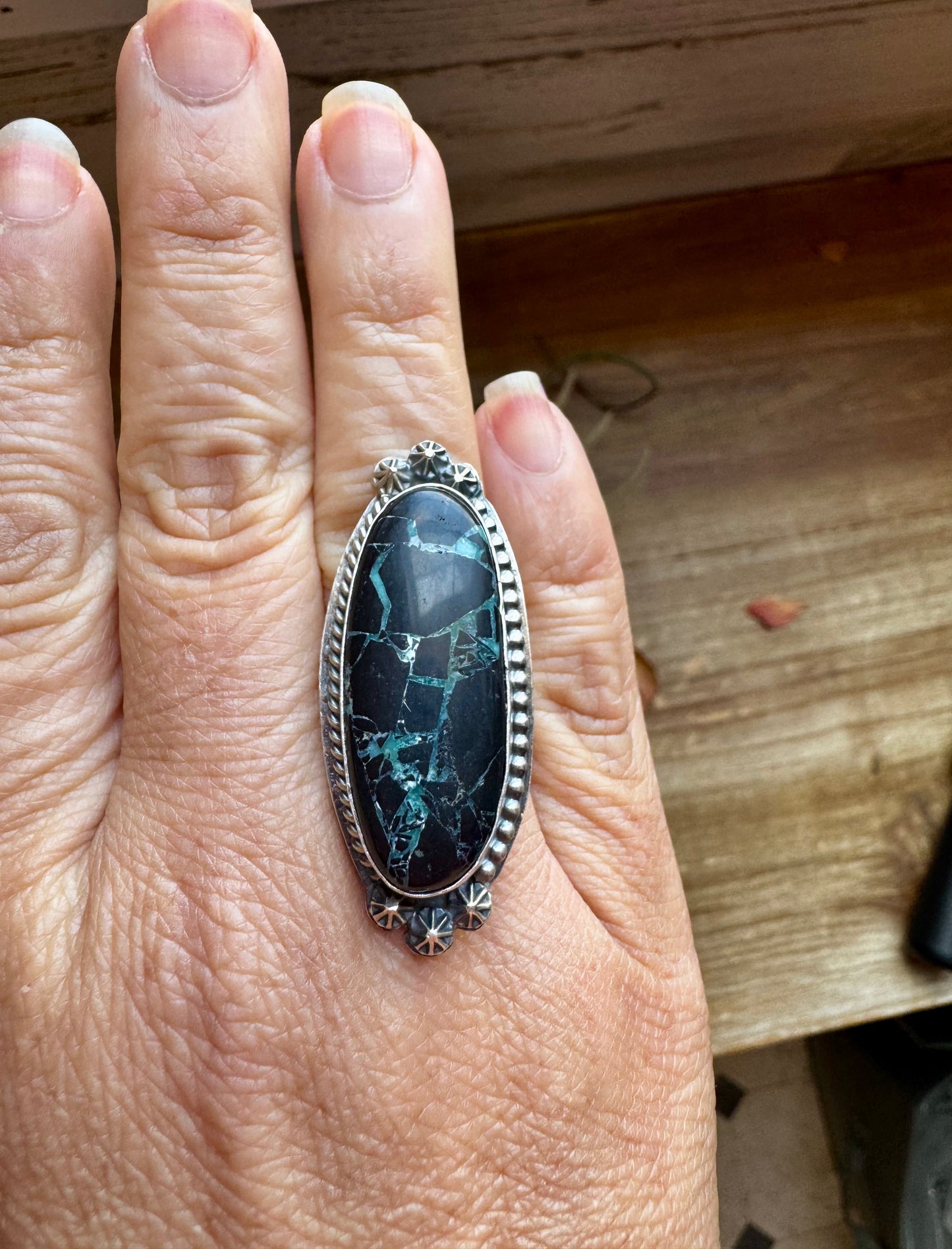 Sterling Silver & Black Buffalo Adjustable Ring – USA Made, One of a Kind