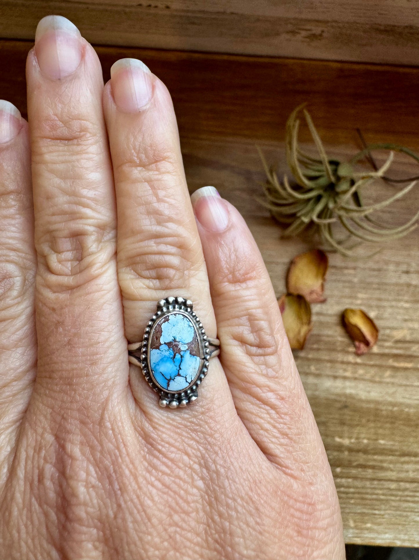 Delicate Golden Hills Turquoise Ring – Size 7.5, USA Made