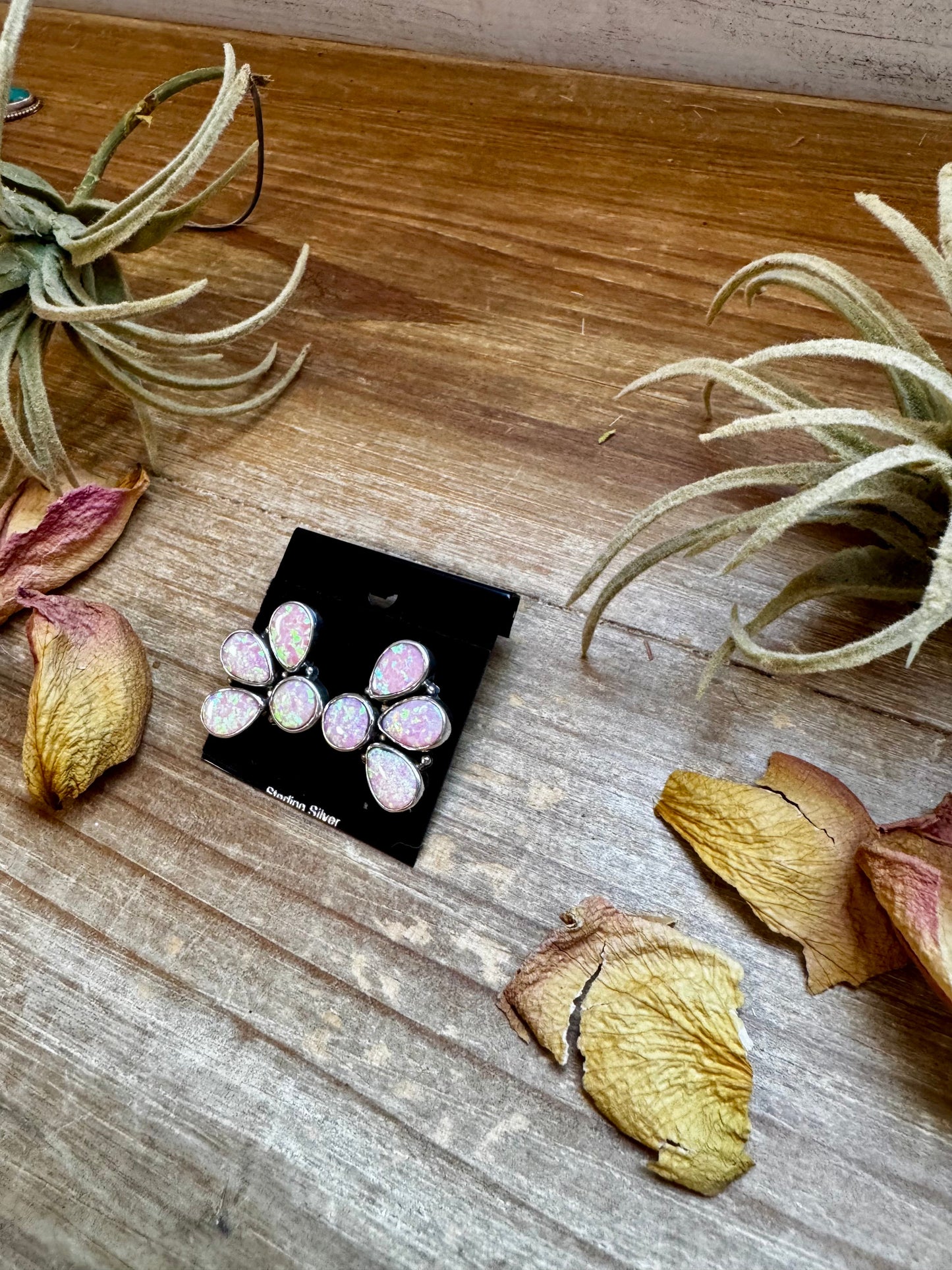 Pink Opal Half-Cluster Stud Earrings – Sterling Silver, Limited Pairs