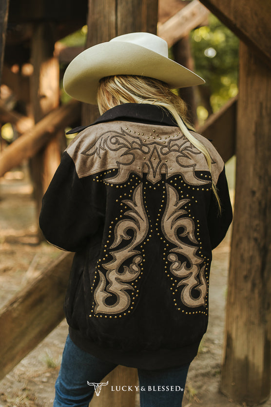 Black Boot Stitch Suede Embroidered Vintage Gold Studded Bomber Jacket