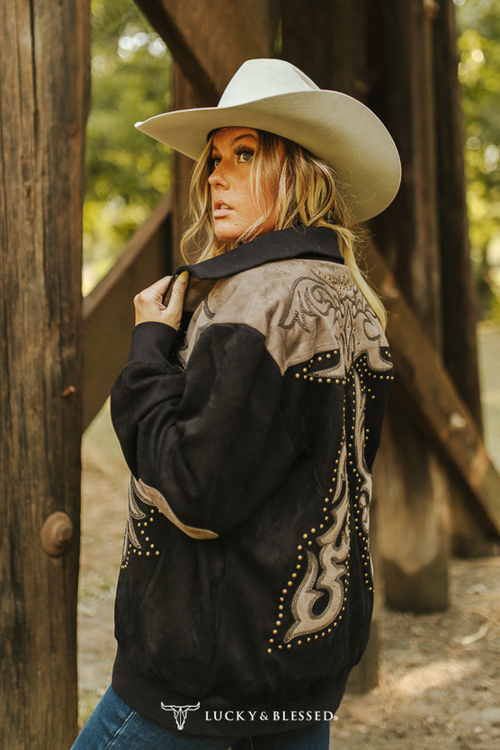 Black Boot Stitch Suede Embroidered Vintage Gold Studded Bomber Jacket