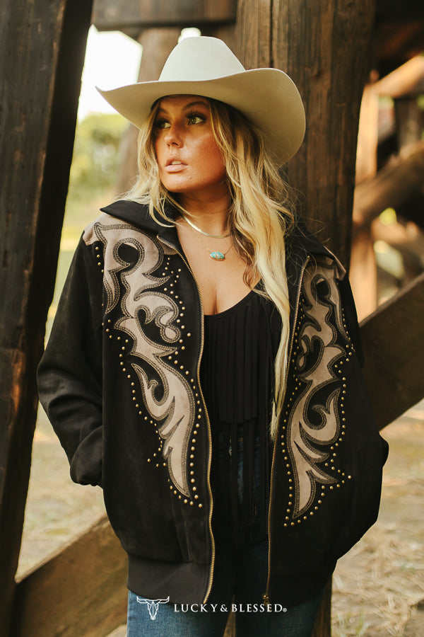 Black Boot Stitch Suede Embroidered Vintage Gold Studded Bomber Jacket