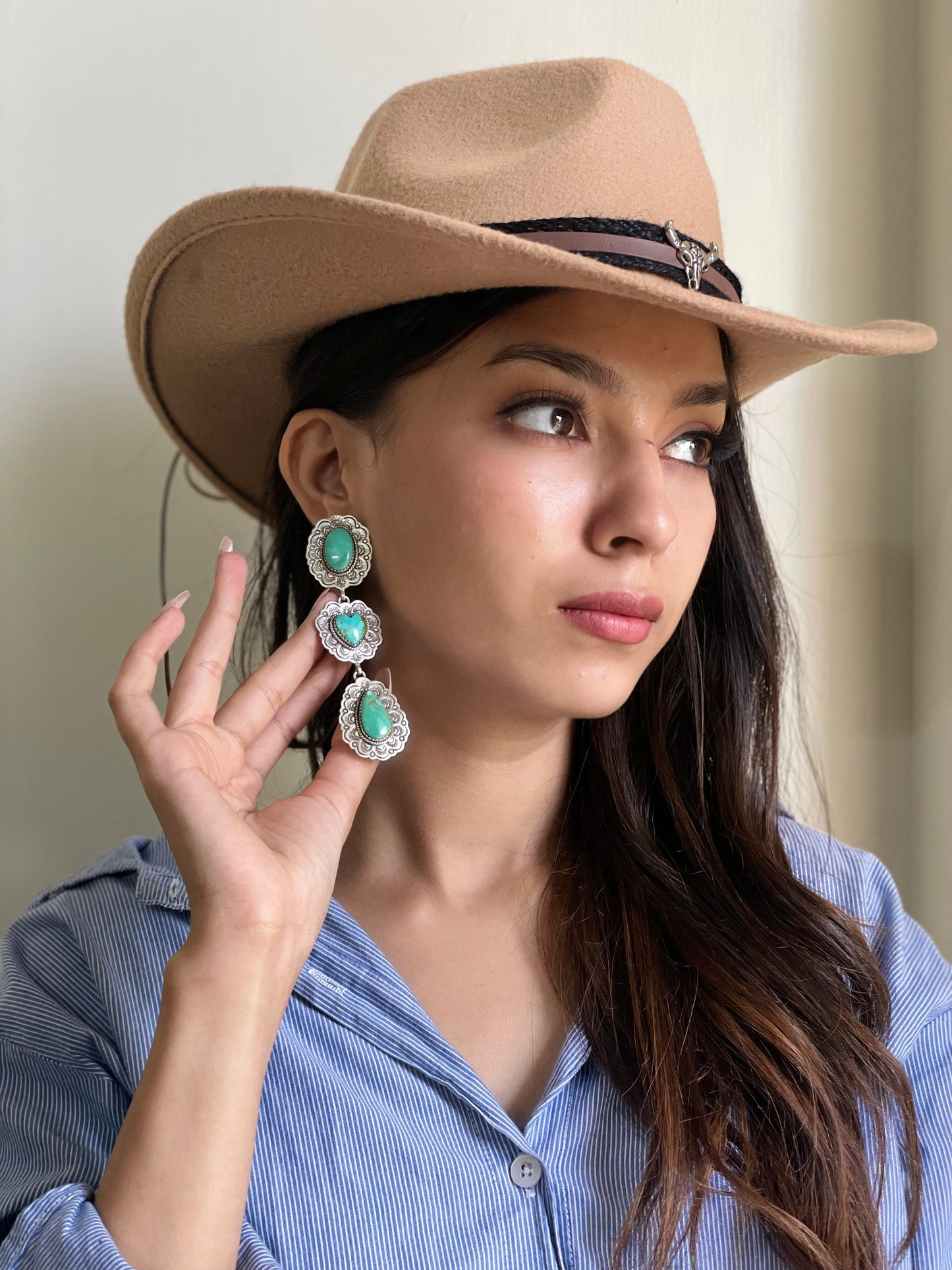 Handmade Sterling Silver Kingman Turquoise Heart Post Dangle Earrings with Signed Nizhoni