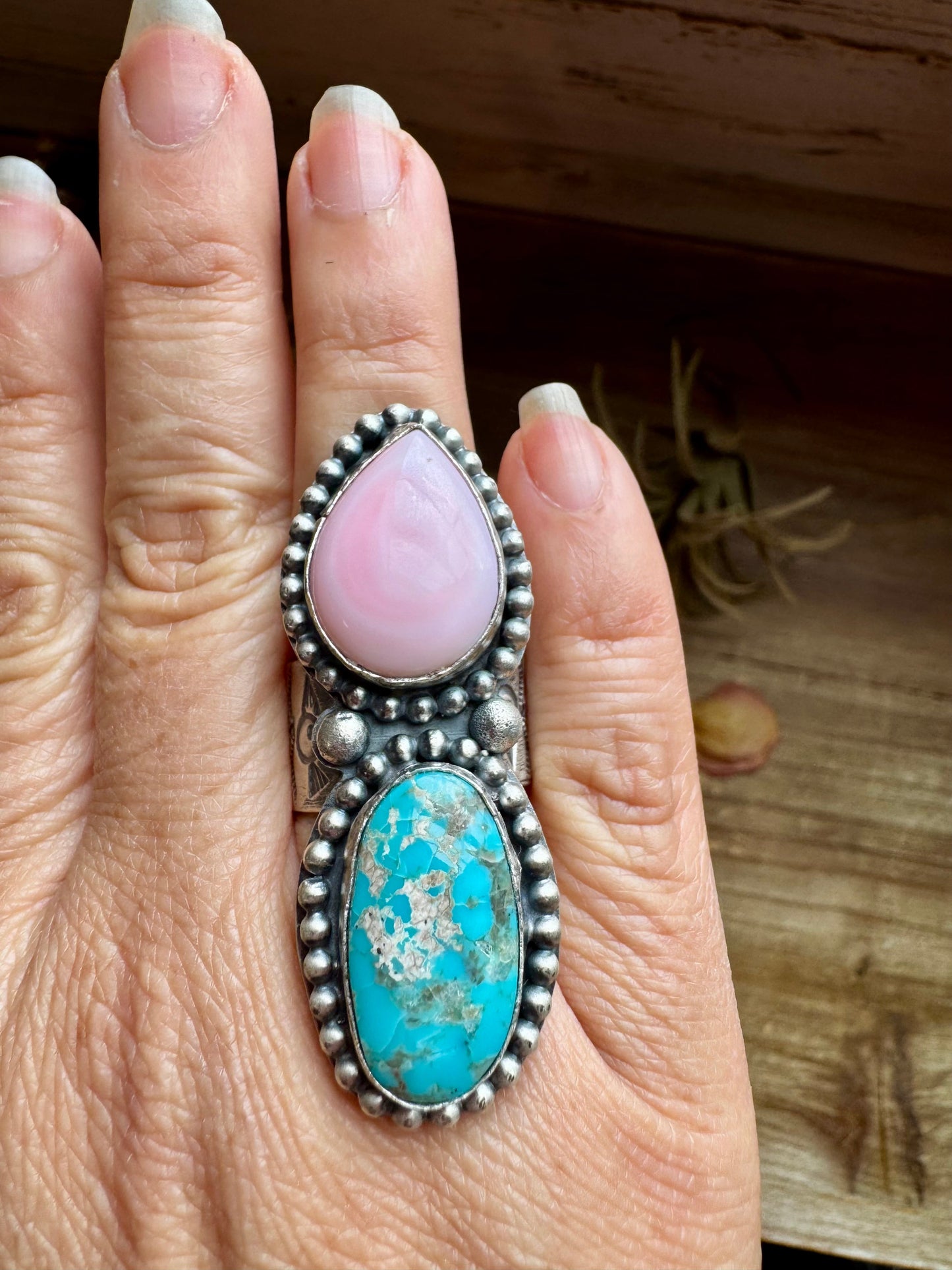 2 Stones Pink Conch & Turquoise Statement Ring – Harold Joe, Sterling Silver, Size 8.5