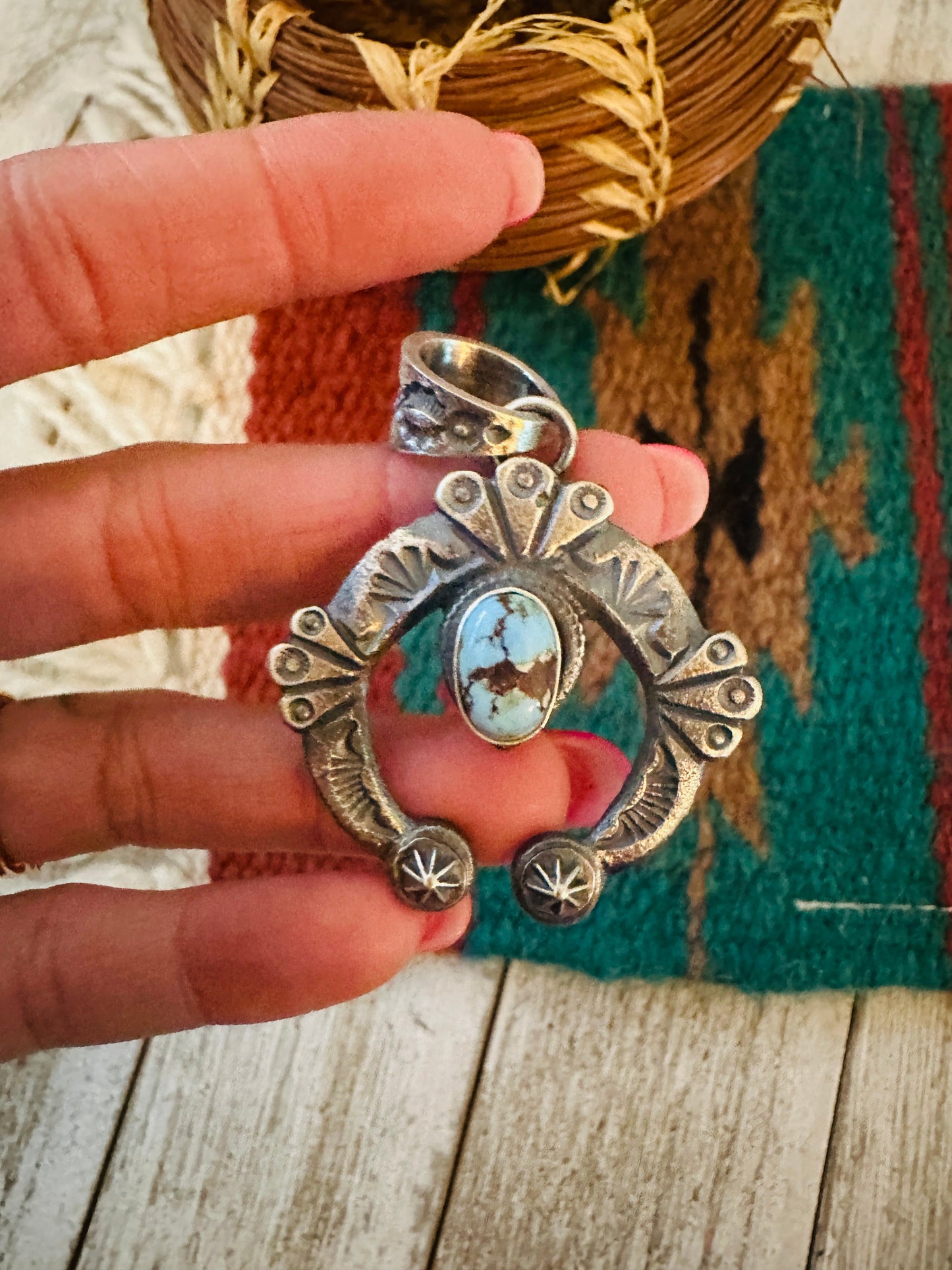 Navajo Sterling Silver & Golden Hills Turquoise Naja Pendant by Kevin Billah