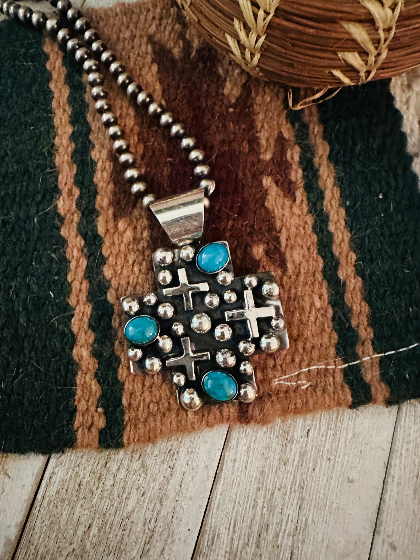 Navajo Turquoise & Sterling Silver Cross Pendant by Chimney Butte