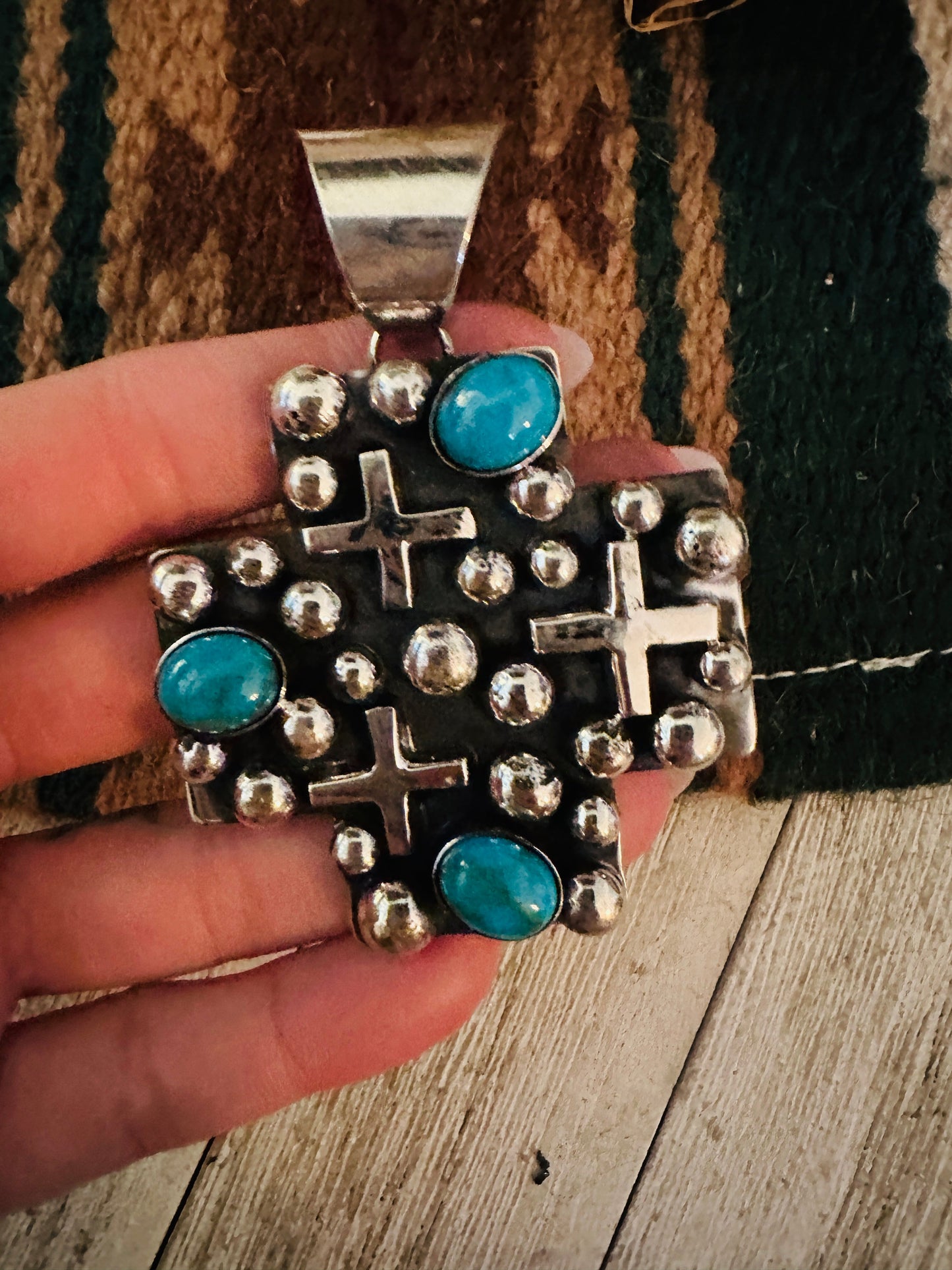 Navajo Turquoise & Sterling Silver Cross Pendant by Chimney Butte