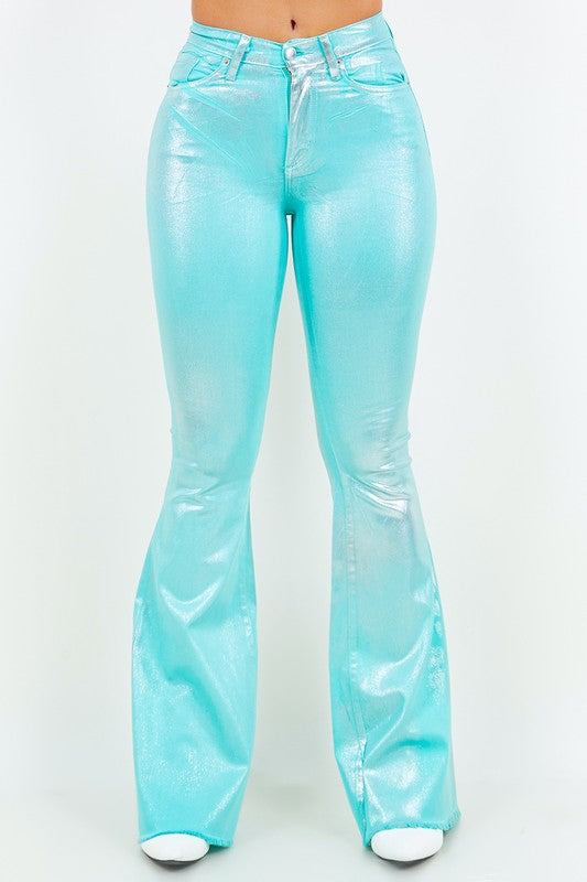Metallic Bell Bottom Jean in Turquoise - Inseam 32