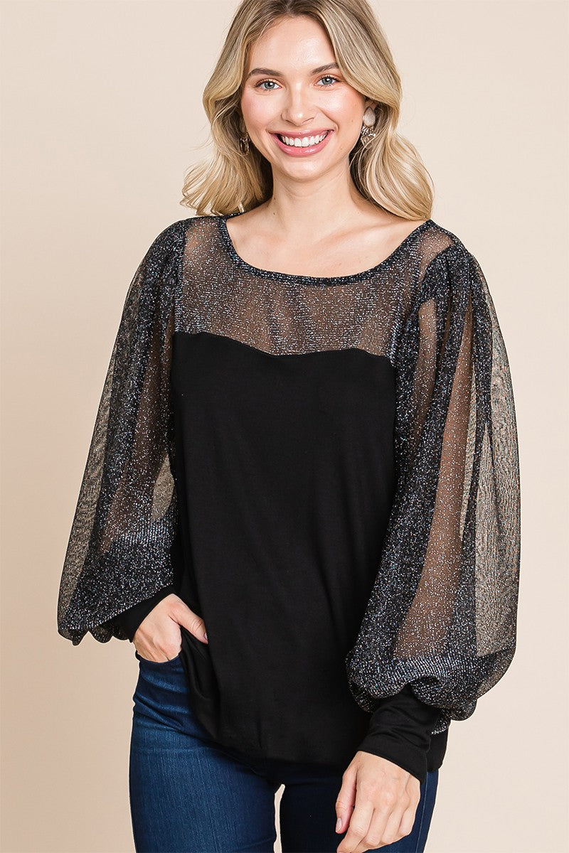 Super Lady Full Size Metallic Mesh Lantern Sleeve Blouse