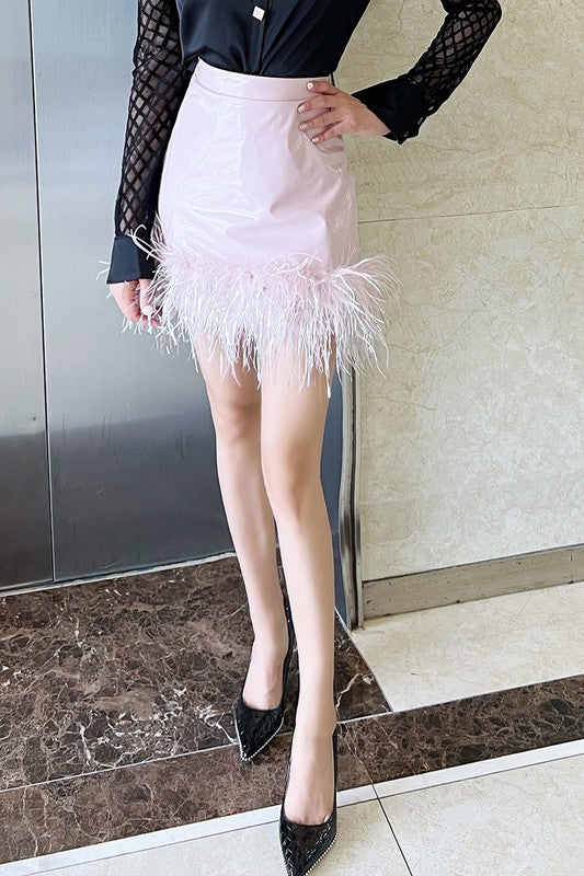 High Waist Leather Solid Feather Skirt
