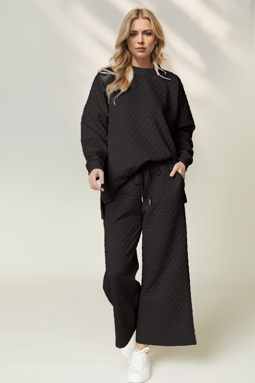 Double Take Checkered Slit High-Low Round Neck Top and Wide Leg Pants Set (ships from overseas)