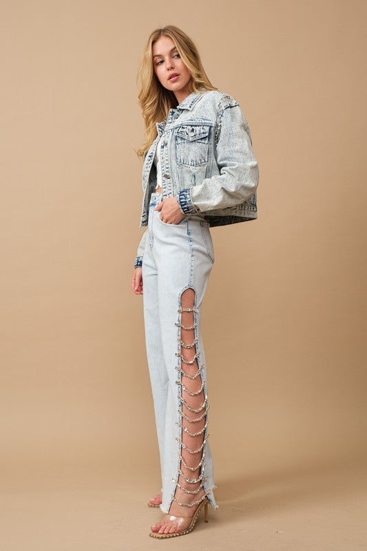 Cut Out At Side w/ Jewel Trim Stretch Denim Jeans