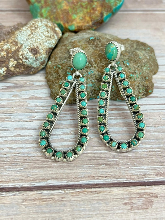 Handmade Sterling Silver Kingman Turquoise Post Dangle Earrings with Signed Nizhoni