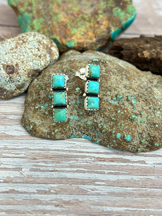 Handmade Sterling Silver Kingman Turquoise Post Studs with Signed Nizhoni