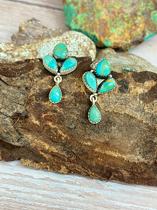 Handmade Sterling Silver Kingman Turquoise Post Dangle Earrings with Signed Nizhoni