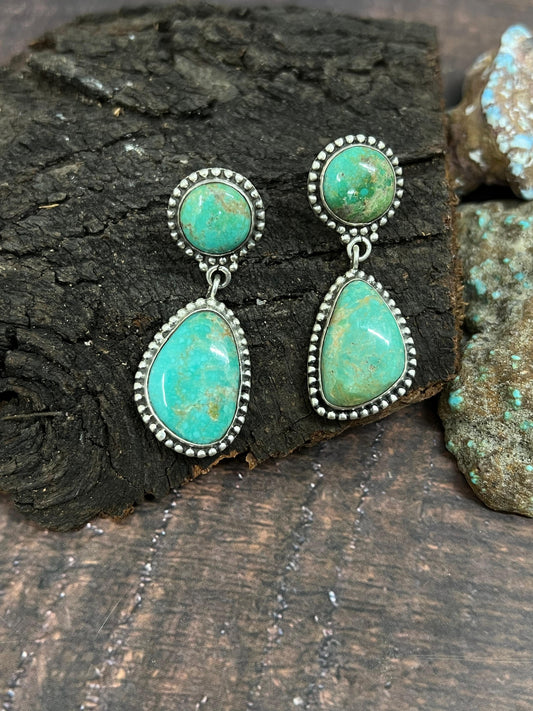 Handmade Sterling Silver Mantis Turquoise Post Dangle Earrings Signed Nizhoni