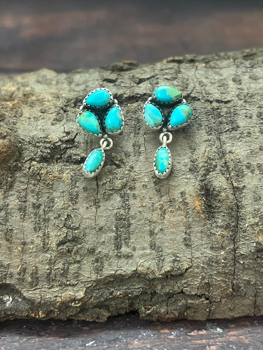 Handmade Sterling Silver Kingman Turquoise Post Dangle Earrings with Signed Nizhoni (4)