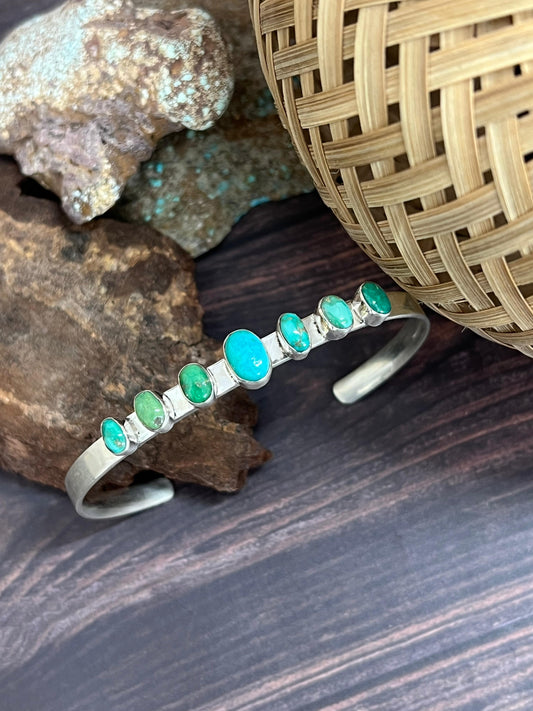 Handmade Sterling Silver Emerald Valley Turquoise Bracelet with Signed Nizhoni