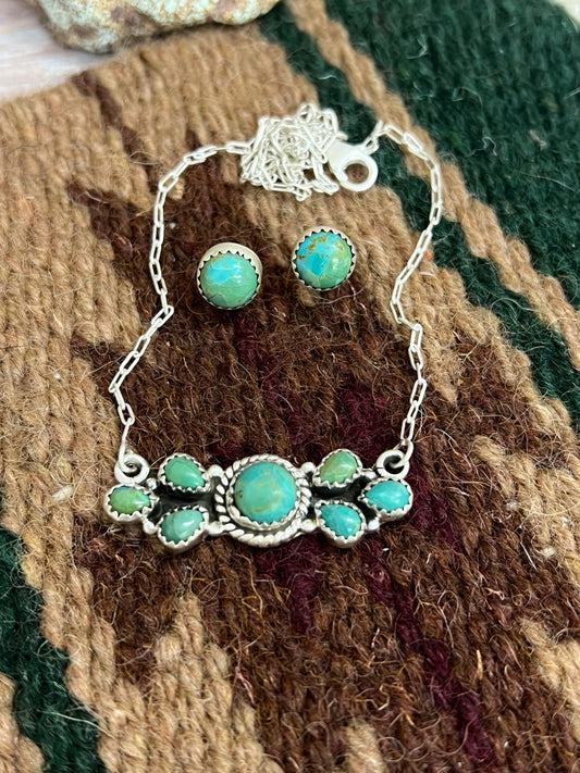 Handmade Sterling Silver Kingman Turquoise Necklace Earrings Set with Signed Nizhoni